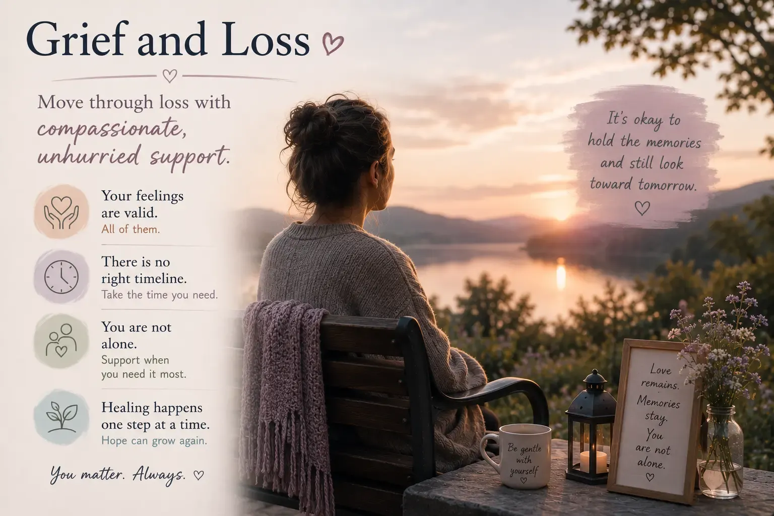 A gentle, comforting scene representing grief and loss counseling