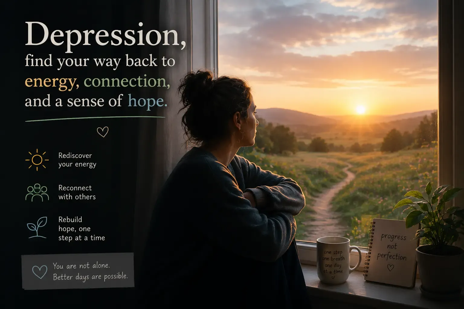 A hopeful, light-filled scene representing depression counseling
