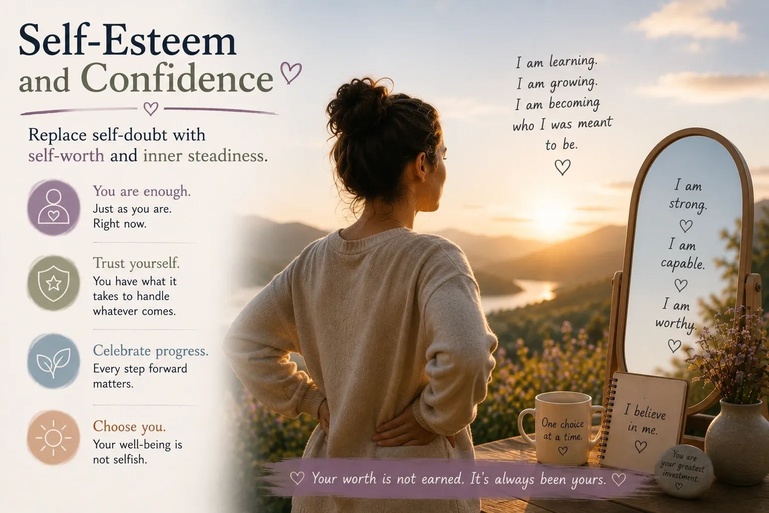 An uplifting, confident scene representing self-esteem and confidence counseling